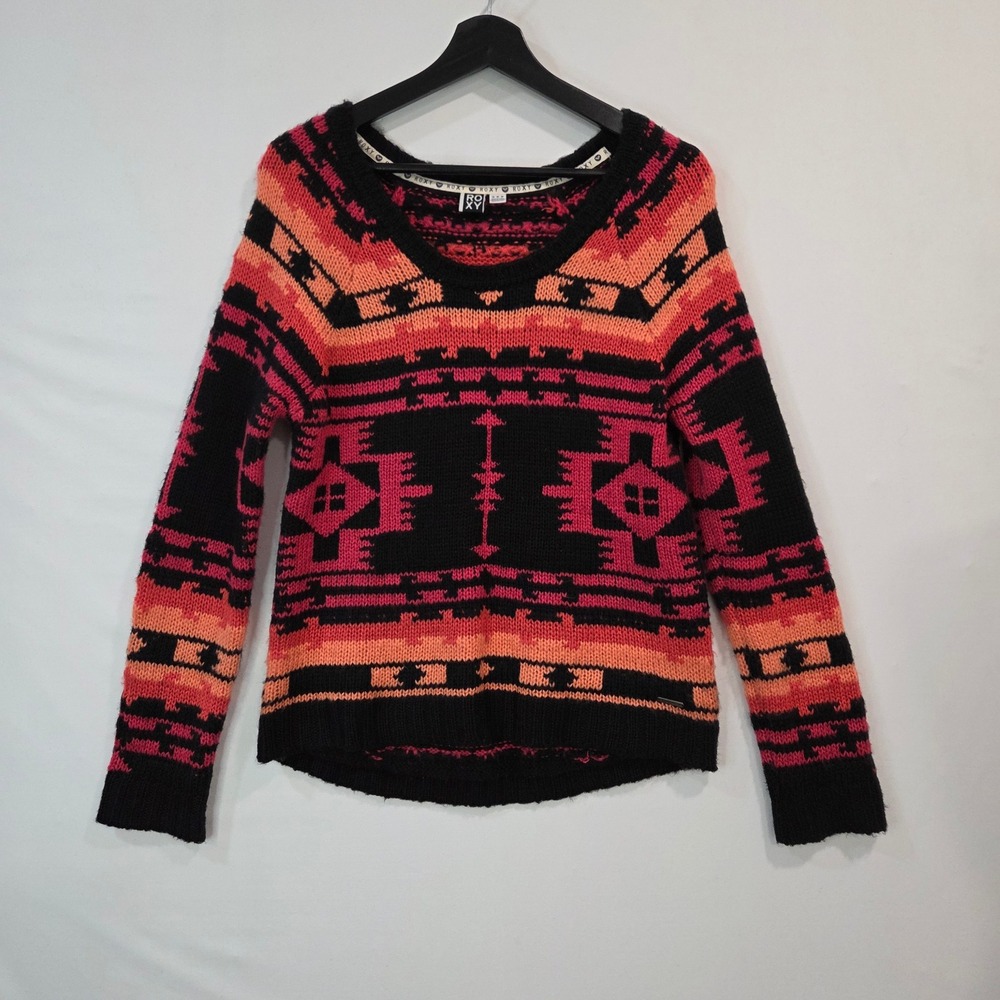 Roxy Womens M Southwest Aztec Geometric Knit Sweater Black Pink Orange Hi Low